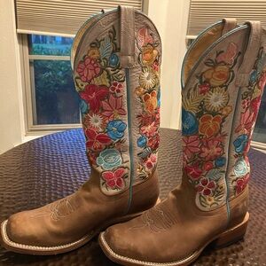 Macie Bean cowgirl boots, multi colored flowers on tan leather